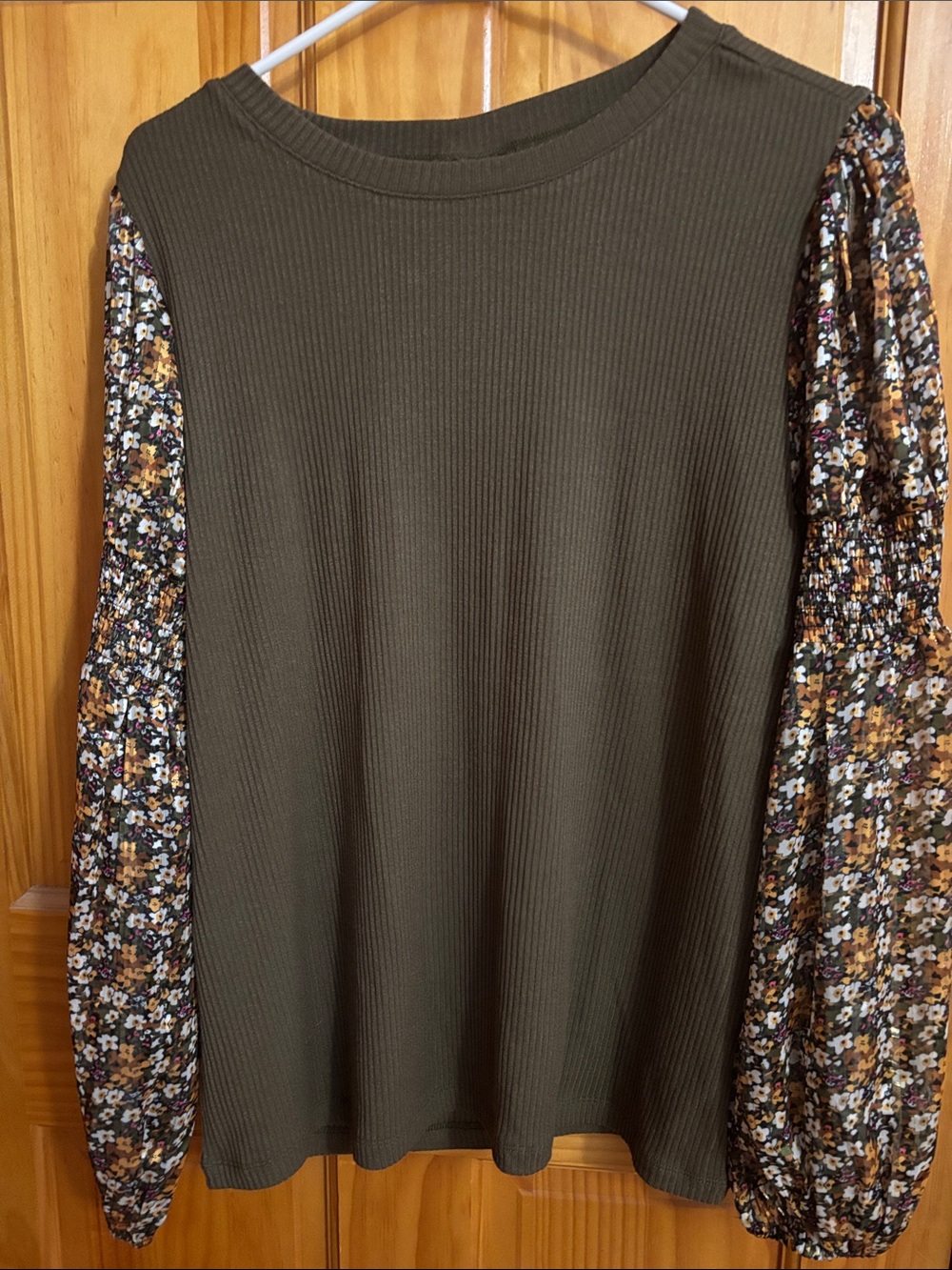 Cato Olive Ribbed Top with Floral Puff Sleeves